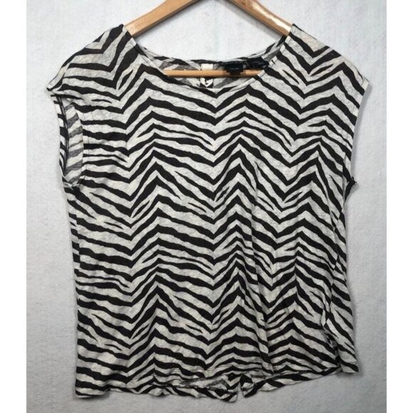 Tahari Animal Print Linen Top Black White Zebra Stripe Sleeveless Women's Medium - Picture 1 of 5